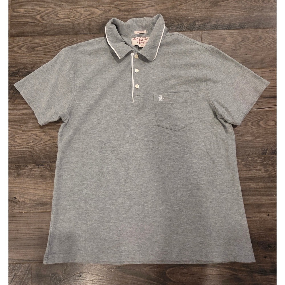 Men's sz L Original Penguin Munsingwear Gray Pique Polo Shirt Classic Fit Pocket